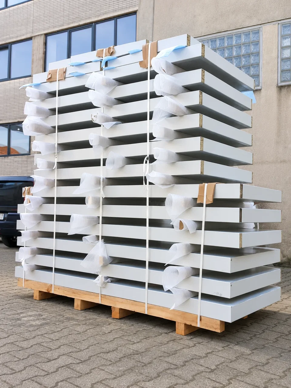 Verpackte pulverbeschichtete Industriebauteile zur Auslieferung