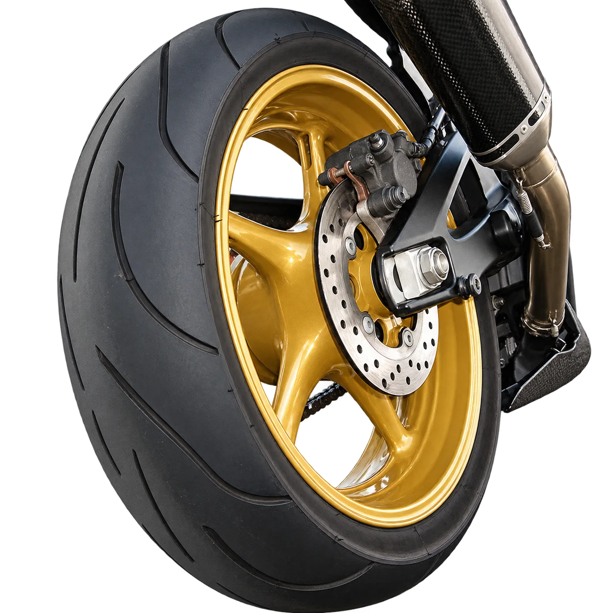 Gold beschichtetes Motorrad Hinterrad als Detailreferenz
