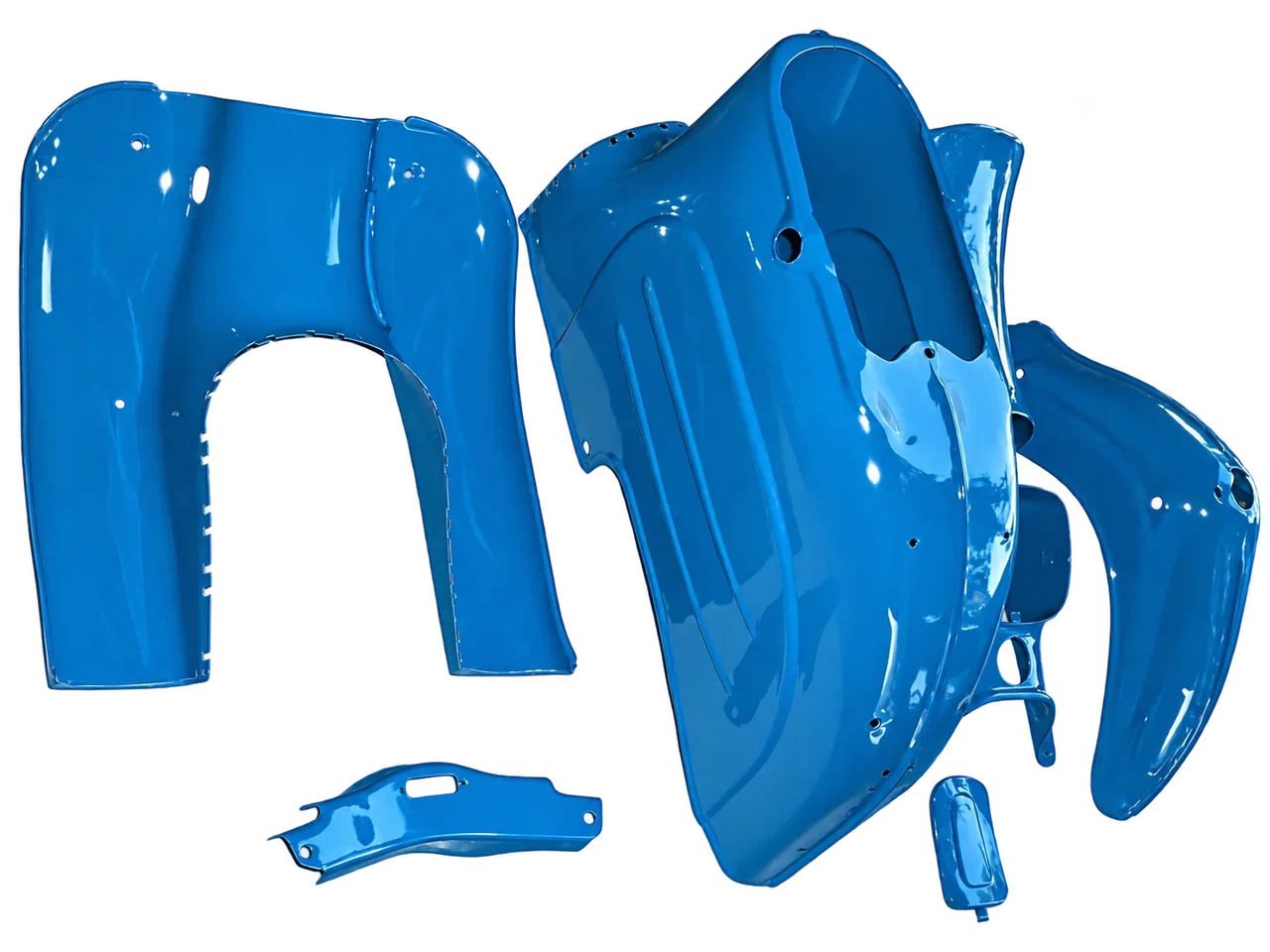 Blau beschichtete Oldtimer Roller und Schwalbe Anbauteile