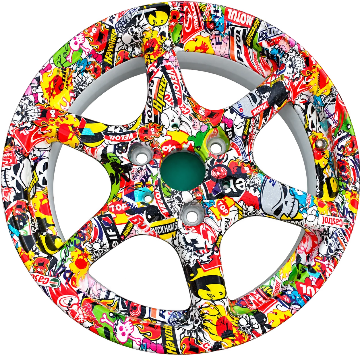 Felge mit farbigem Stickerbomb Dekor als Sonderprojekt