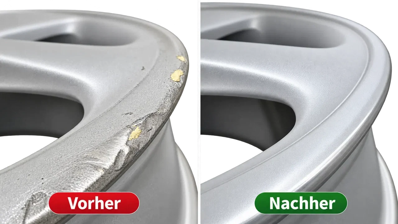Felgenreparatur vorher und nachher mit sichtbarem Bordsteinschaden und aufgearbeitetem Felgenrand